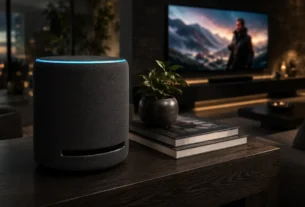 Caixa de som amazon echo studio com anel de led azul ligado sobre aparador de madeira escura em sala de estar moderna
