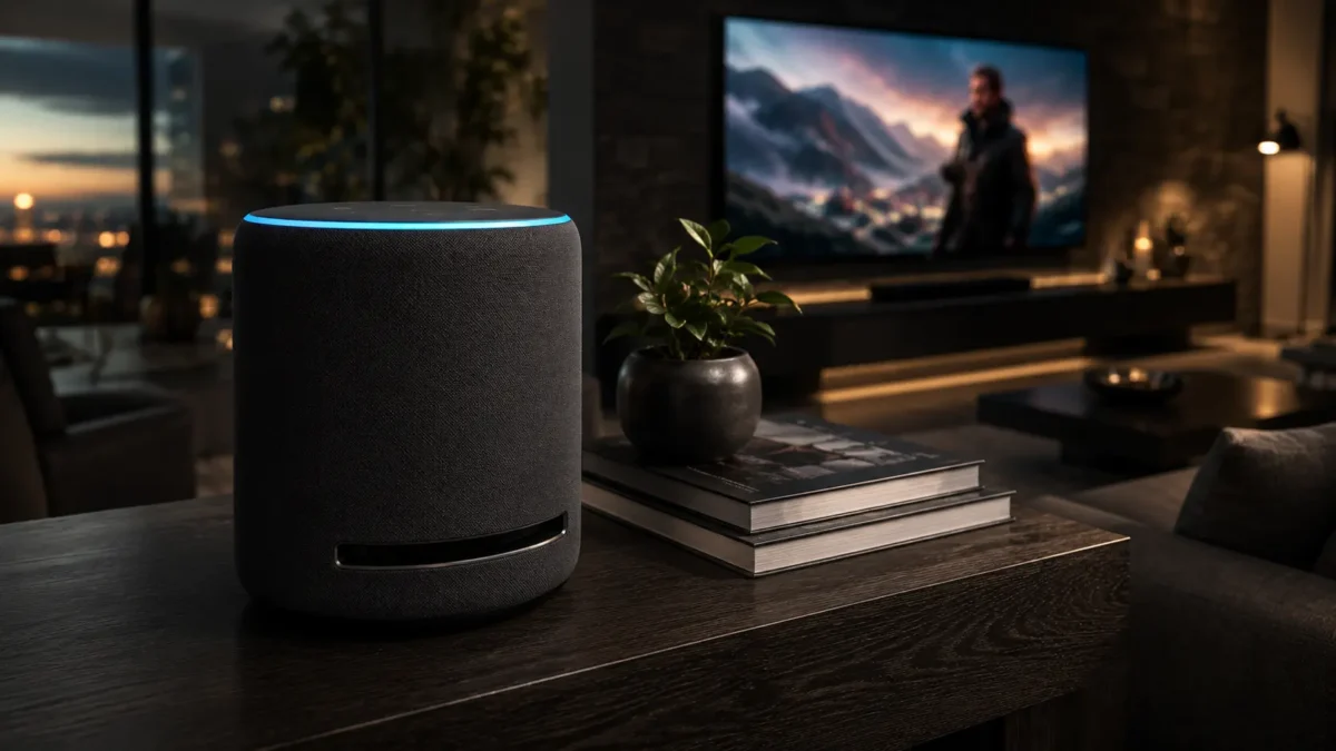 Caixa de som amazon echo studio com anel de led azul ligado sobre aparador de madeira escura em sala de estar moderna