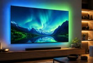 Televisão Ambilight Philips com tecnologia ligada projetando luzes coloridas em parede clara de sala moderna