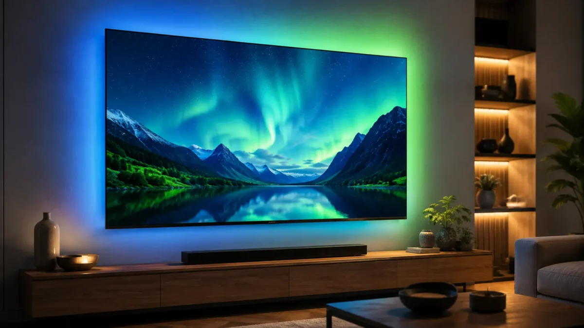 Televisão Ambilight Philips com tecnologia ligada projetando luzes coloridas em parede clara de sala moderna