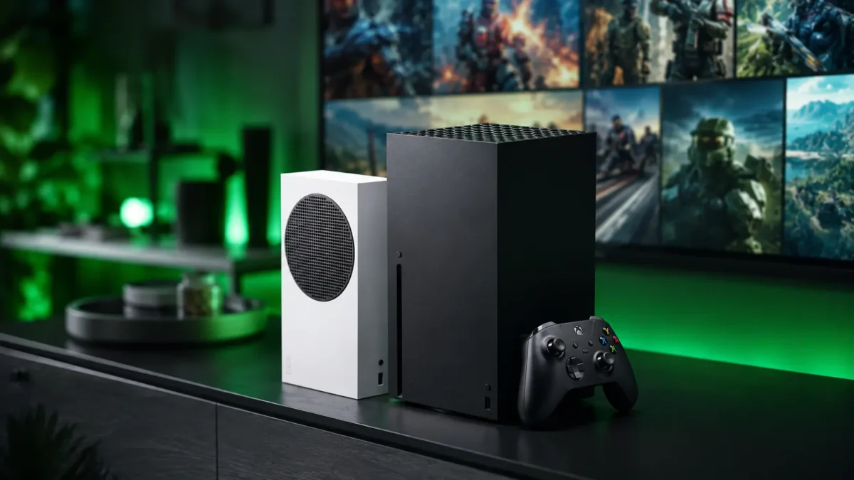 Consoles Xbox Series X e S sobre rack com luz neon verde destacando as vantagens de ter uma assinatura xbox game pass
