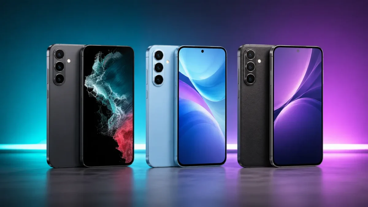 Tres smartphones modernos com tela amoled colorida exibindo o melhor celular de 2000 reais em um estudio tecnologico