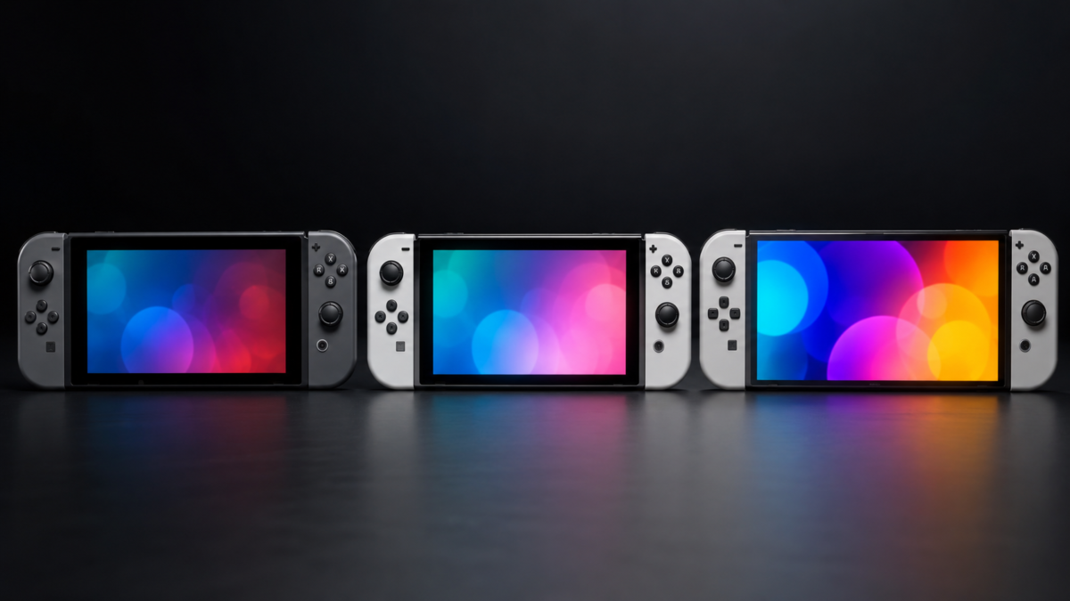 Três modelos de console portátil híbrido lado a lado comparando telas LCD e OLED para o artigo Nintendo Switch V1 vs V2 do Veredito Eletrônicos.