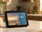Dispositivo inteligente Echo Show 8 2 Geração ligado sobre balcão de cozinha exibindo relógio e widgets em ambiente iluminado