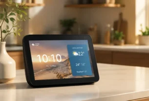 Dispositivo inteligente Echo Show 8 2 Geração ligado sobre balcão de cozinha exibindo relógio e widgets em ambiente iluminado