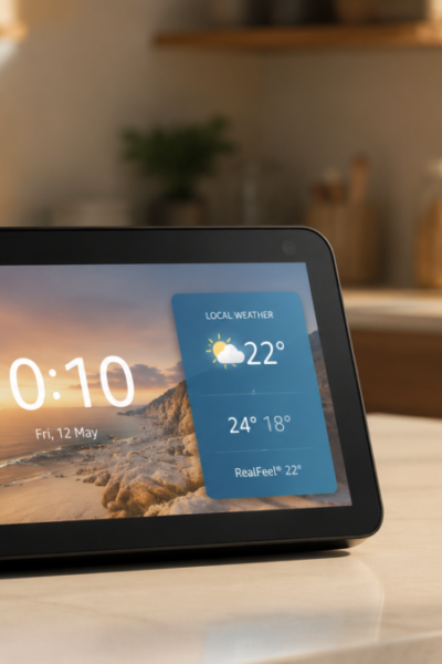 Dispositivo inteligente Echo Show 8 2 Geração ligado sobre balcão de cozinha exibindo relógio e widgets em ambiente iluminado
