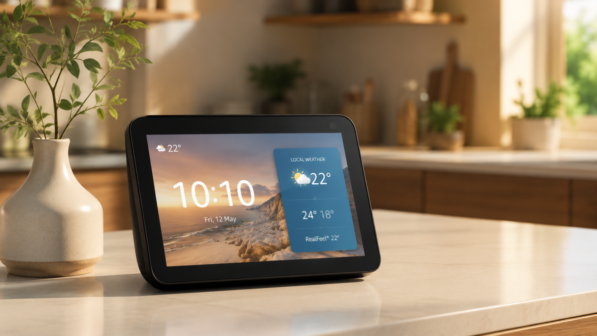 Echo Show 8 2 Geração: Review em 2026? 1 Dispositivo inteligente Echo Show 8 2 Geração ligado sobre balcão de cozinha exibindo relógio e widgets em ambiente iluminado
