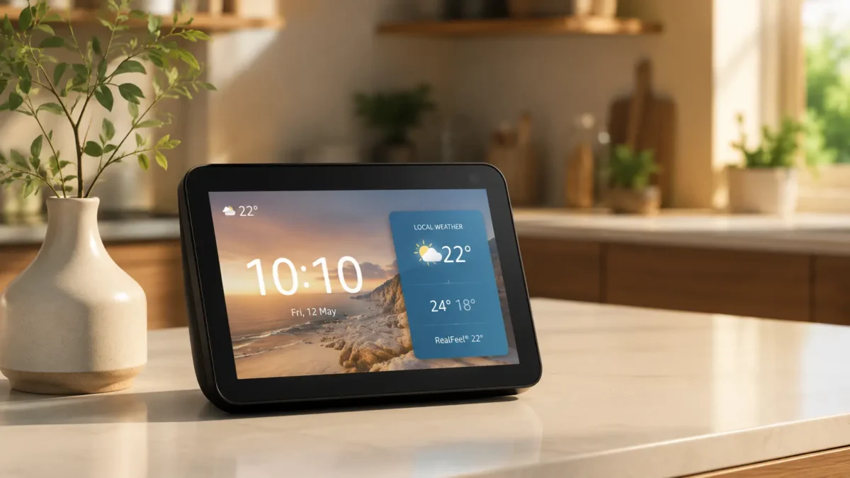 Dispositivo inteligente Echo Show 8 2 Geração ligado sobre balcão de cozinha exibindo relógio e widgets em ambiente iluminado