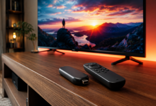 Dispositivo Fire Stick 4K Max com controle remoto sobre rack de madeira em sala com TV ligada