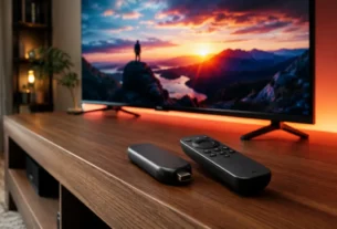 Dispositivo Fire Stick 4K Max com controle remoto sobre rack de madeira em sala com TV ligada