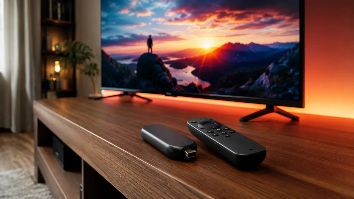 Dispositivo Fire Stick 4K Max com controle remoto sobre rack de madeira em sala com TV ligada
