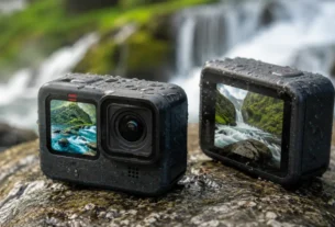 Câmera de ação GoPro HERO 12 preta com pontinhos azuis e gotas de água sobre rocha em cenário de aventura