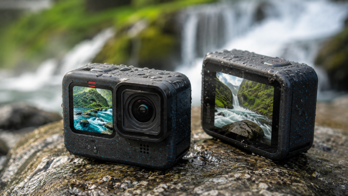 GoPro HERO 12 Review: Vale a Pena Comprar a Melhor Action Cam? 1 Câmera de ação GoPro HERO 12 preta com pontinhos azuis e gotas de água sobre rocha em cenário de aventura