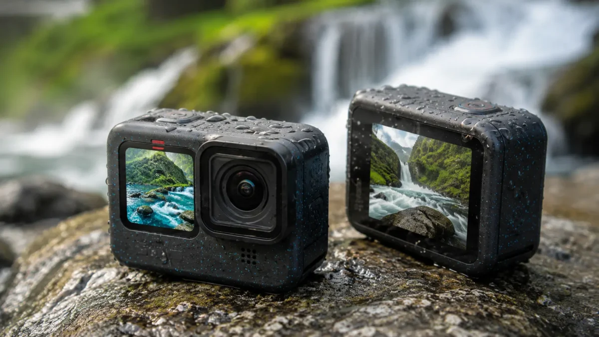 Câmera de ação GoPro HERO 12 preta com pontinhos azuis e gotas de água sobre rocha em cenário de aventura