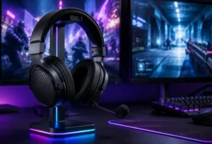 Headset premium sobre suporte rgb em mesa gamer revelando o melhor fone gamer sem fio para pc e console