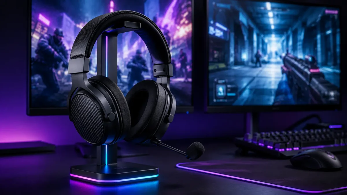 Headset premium sobre suporte rgb em mesa gamer revelando o melhor fone gamer sem fio para pc e console