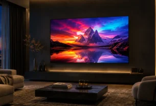 Sala de estar moderna com painel de led exibindo um guia completo de como escolher a melhor marca de smart tv ligada na parede