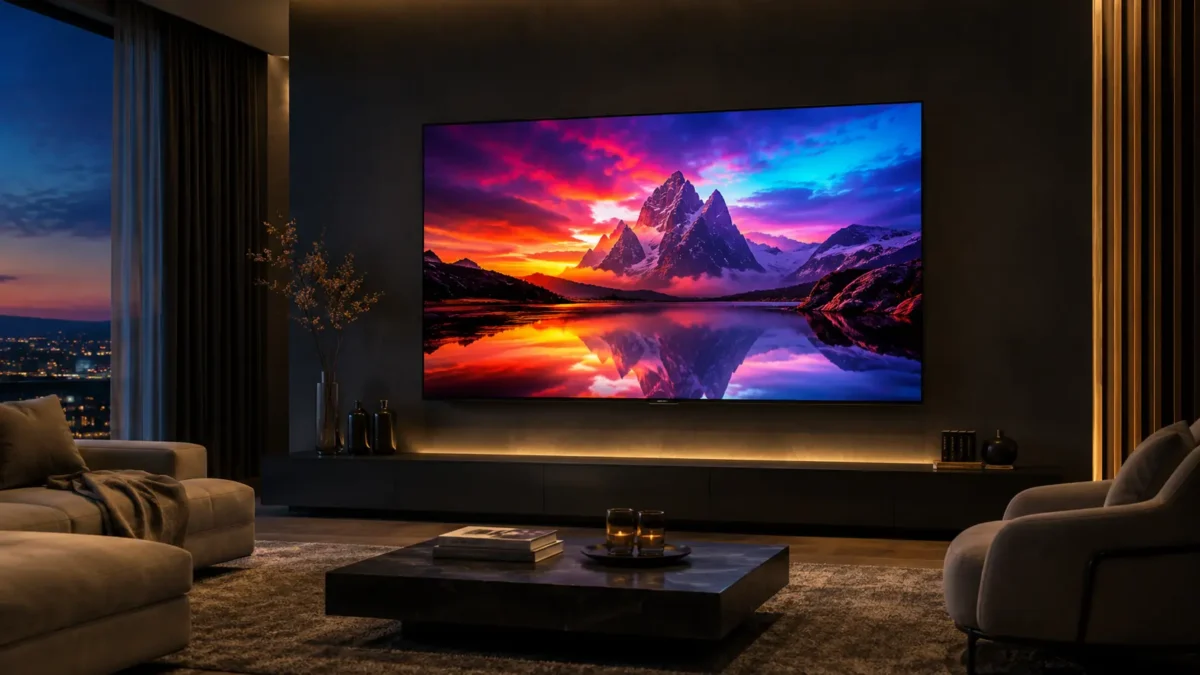 Sala de estar moderna com painel de led exibindo um guia completo de como escolher a melhor marca de smart tv ligada na parede