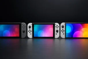 Três modelos de console portátil híbrido lado a lado comparando telas LCD e OLED para o artigo Nintendo Switch V1 vs V2 do Veredito Eletrônicos.