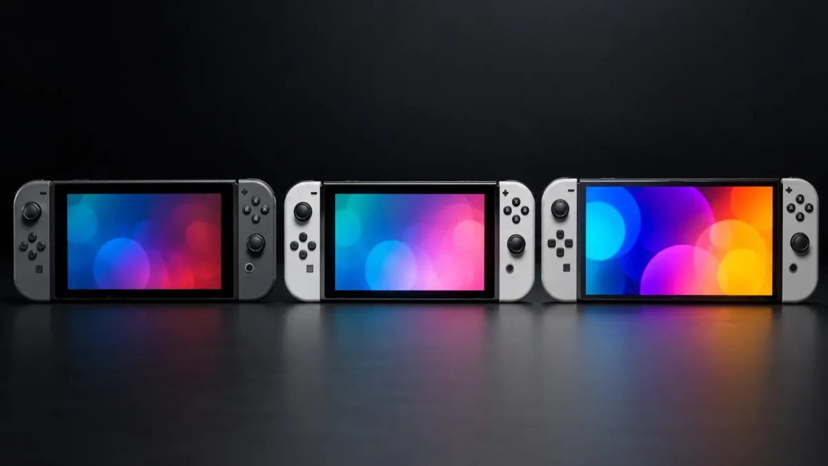 Três modelos de console portátil híbrido lado a lado comparando telas LCD e OLED para o artigo Nintendo Switch V1 vs V2 do Veredito Eletrônicos.