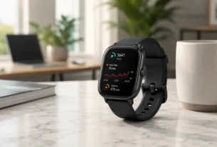 Relógio amazfit gts 4 mini com pulseira preta sobre mesa de mármore exibindo dados de saúde na tela amoled quadrada