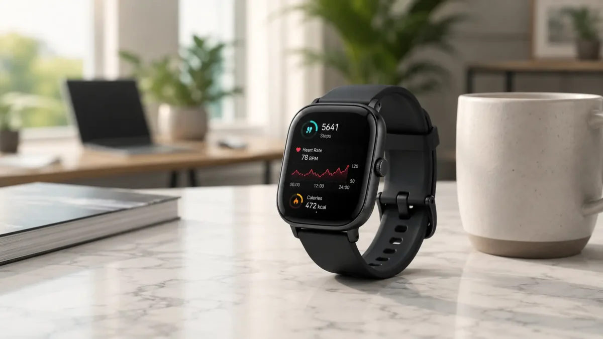Relógio amazfit gts 4 mini com pulseira preta sobre mesa de mármore exibindo dados de saúde na tela amoled quadrada