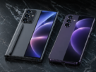 Dois smartphones premium em comparativo, um com câmera grande e outro compacto, sobre superfície escura com iluminação de estúdio.