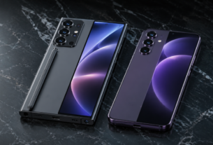 Dois smartphones premium em comparativo, um com câmera grande e outro compacto, sobre superfície escura com iluminação de estúdio.