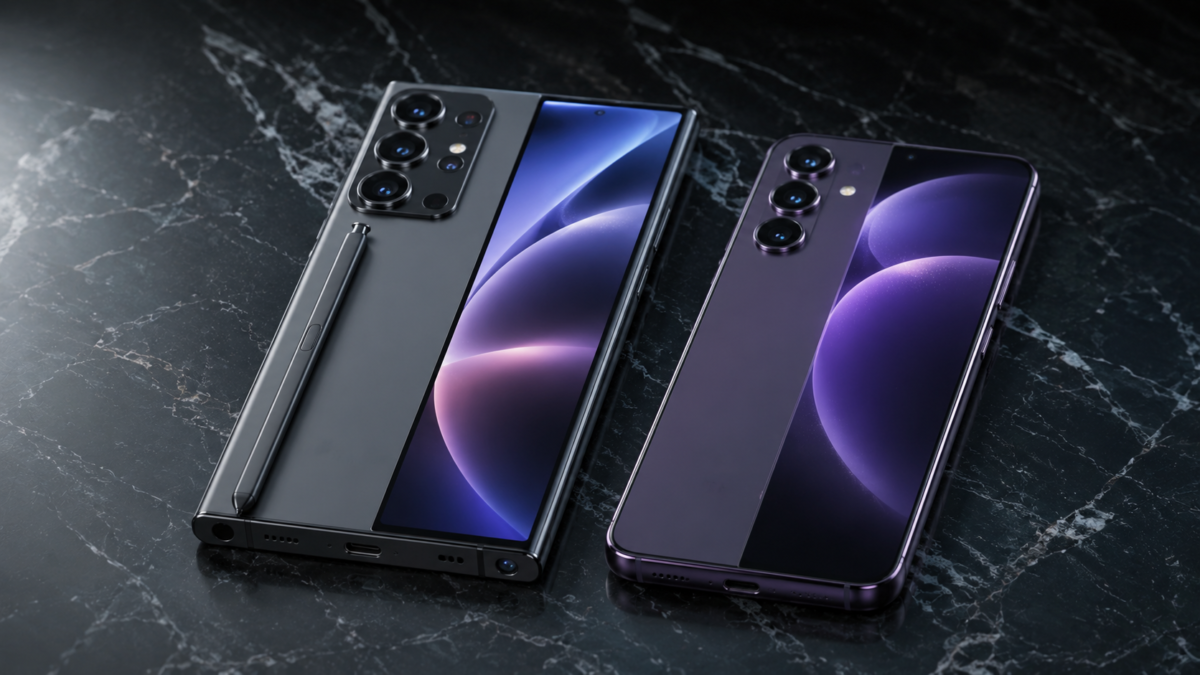 Samsung S24 Ultra vs Iphone 15 Pro Max: Qual Comprar? 1 Dois smartphones premium em comparativo, um com câmera grande e outro compacto, sobre superfície escura com iluminação de estúdio.