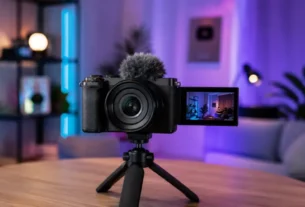 Câmera mirrorless Sony ZV-E10 II com tela articulada e tripé de mesa em estúdio de gravação para o youtube