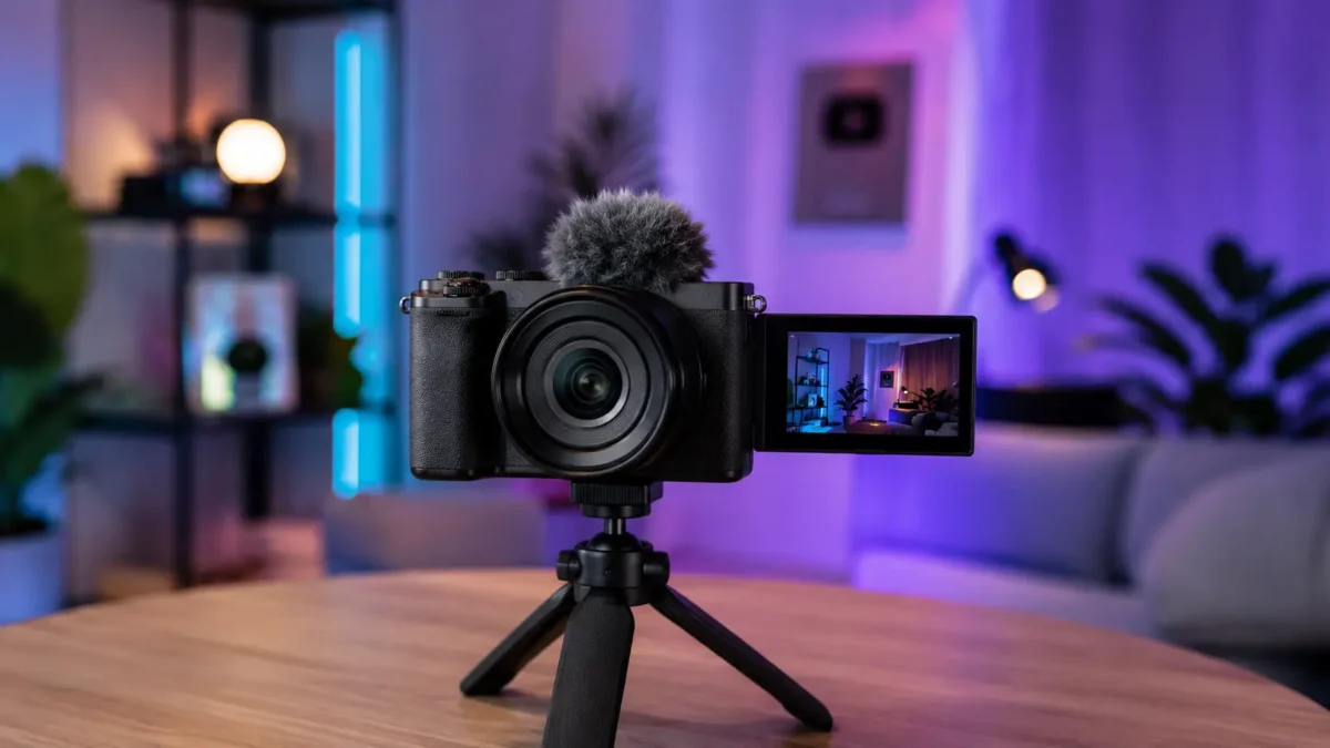 Câmera mirrorless Sony ZV-E10 II com tela articulada e tripé de mesa em estúdio de gravação para o youtube