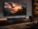 Aparelho de sound bar tv posicionado em rack abaixo de televisão ligada ao lado de um subwoofer sem fio em sala com painel de madeira
