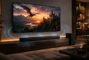 Aparelho de sound bar tv posicionado em rack abaixo de televisão ligada ao lado de um subwoofer sem fio em sala com painel de madeira