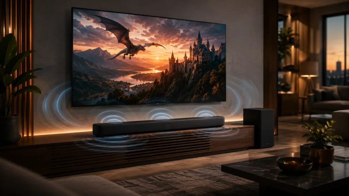Sound Bar TV: Guia Completo para Escolher a Melhor em 2026 1 Aparelho de sound bar tv posicionado em rack abaixo de televisão ligada ao lado de um subwoofer sem fio em sala com painel de madeira
