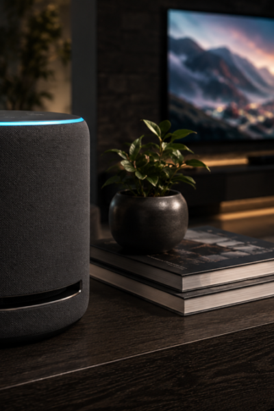 Caixa de som amazon echo studio com anel de led azul ligado sobre aparador de madeira escura em sala de estar moderna