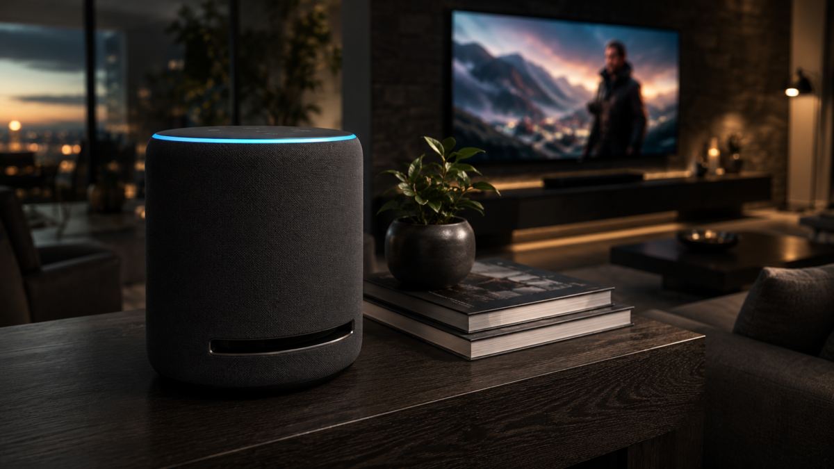 Amazon Echo Studio: Review 2026 1 Caixa de som amazon echo studio com anel de led azul ligado sobre aparador de madeira escura em sala de estar moderna