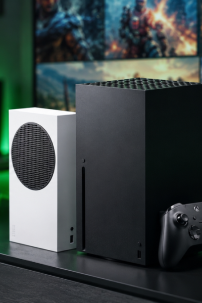 Consoles Xbox Series X e S sobre rack com luz neon verde destacando as vantagens de ter uma assinatura xbox game pass
