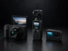 Câmera de filmagem 4K — três modelos compactos lado a lado sobre superfície escura com iluminação de estúdio para comparativo de câmeras para vídeo.