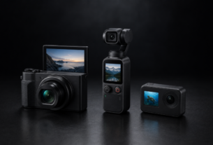 Câmera de filmagem 4K — três modelos compactos lado a lado sobre superfície escura com iluminação de estúdio para comparativo de câmeras para vídeo.
