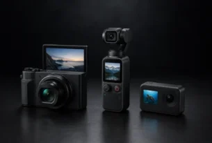 Câmera de filmagem 4K — três modelos compactos lado a lado sobre superfície escura com iluminação de estúdio para comparativo de câmeras para vídeo.