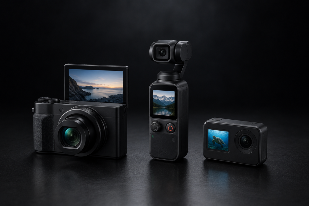 Câmera de Filmagem 4K: Top 3 Opções Incríveis para Comprar em 2026 1 Câmera de filmagem 4K — três modelos compactos lado a lado sobre superfície escura com iluminação de estúdio para comparativo de câmeras para vídeo.