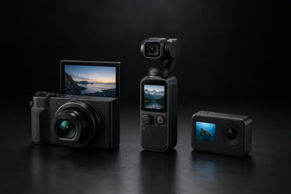 Câmera de Filmagem 4K: Top 3 Opções Incríveis para Comprar em 2026 1 Câmera de filmagem 4K — três modelos compactos lado a lado sobre superfície escura com iluminação de estúdio para comparativo de câmeras para vídeo.