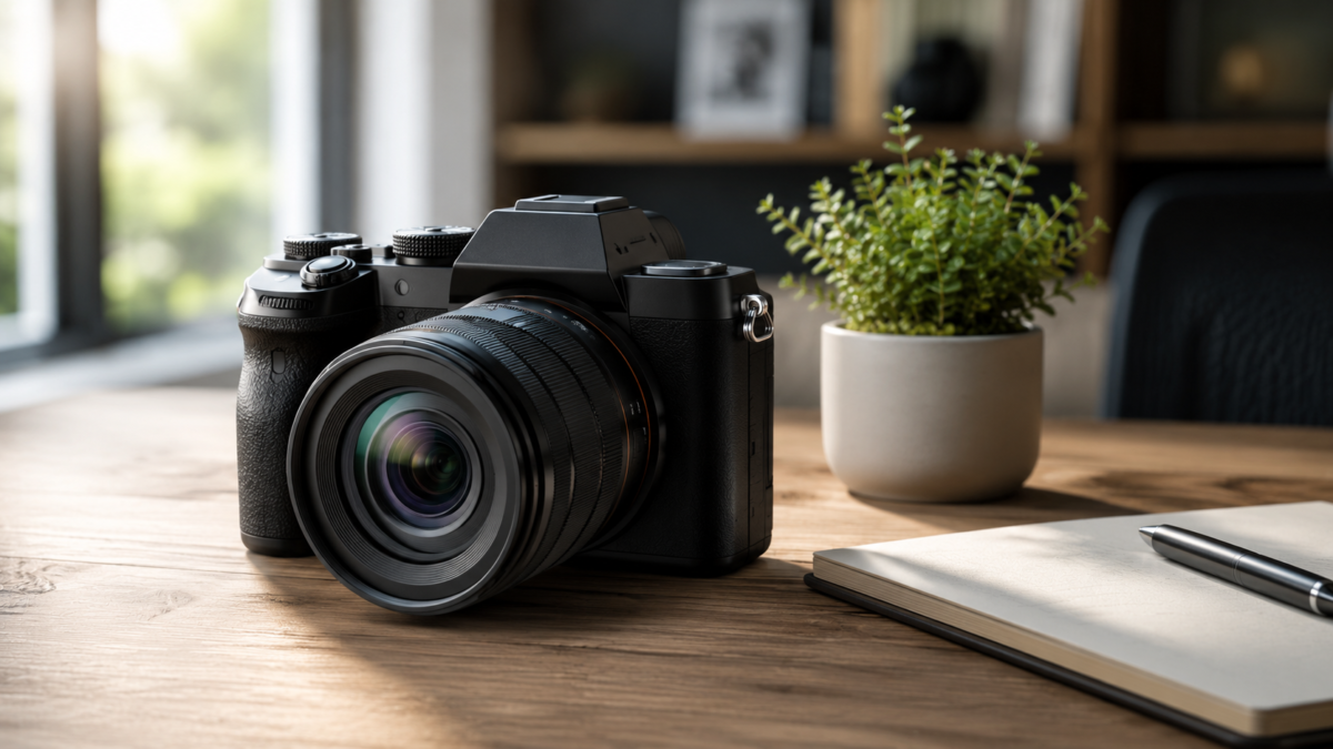 Melhor Câmera para Iniciantes Mirrorless: Guia Completo 1 Melhor câmera para iniciantes mirrorless sobre a mesa