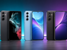 Tres smartphones modernos com tela amoled colorida exibindo o melhor celular de 2000 reais em um estudio tecnologico