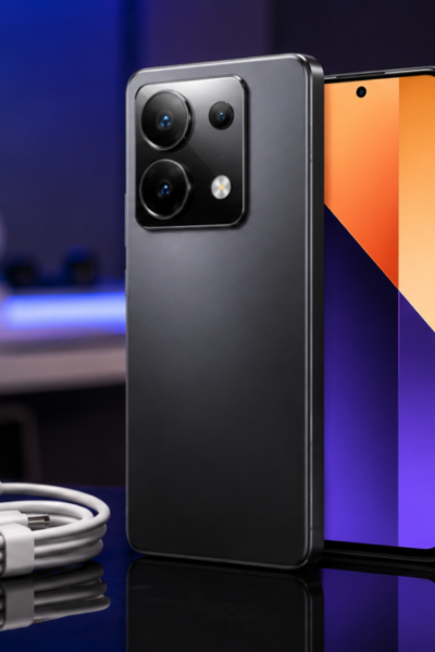 Celular redmi note 13 pro exibindo módulo de câmeras traseiro sobre superfície reflexiva ao lado de carregador rápido de sessenta e sete watts