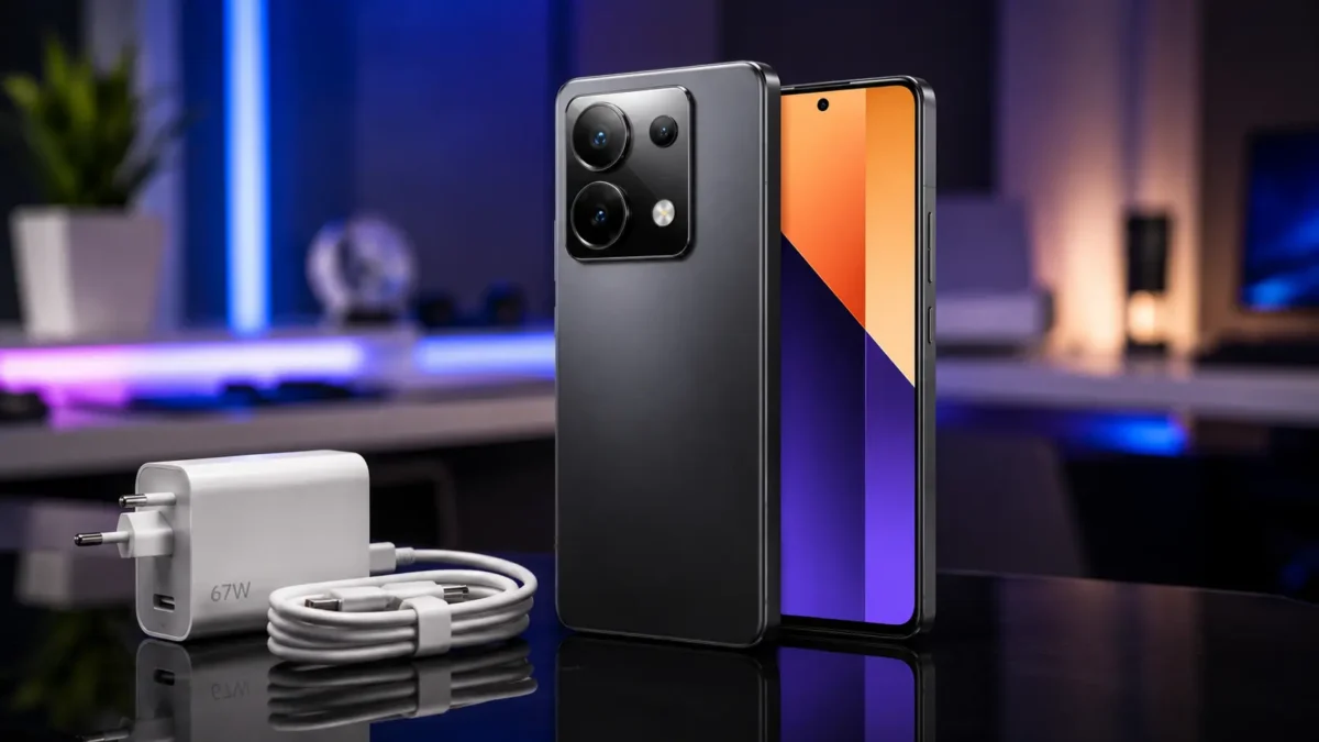 Celular redmi note 13 pro exibindo módulo de câmeras traseiro sobre superfície reflexiva ao lado de carregador rápido de sessenta e sete watts