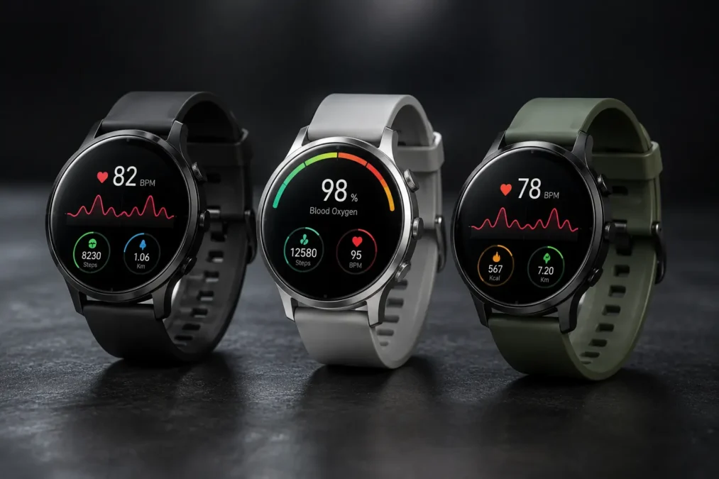 Melhor smartwatch Samsung com tela AMOLED exibindo métricas de saúde sobre superfície escura com iluminação dramática lateral.