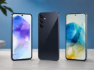 Tres smartphones galaxy alinhados em estudio exibindo os melhores celulares samsung custo beneficio com tela amoled colorida
