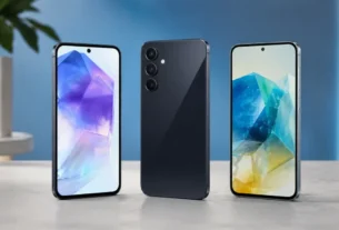 Tres smartphones galaxy alinhados em estudio exibindo os melhores celulares samsung custo beneficio com tela amoled colorida