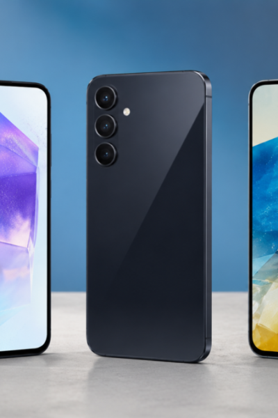 Tres smartphones galaxy alinhados em estudio exibindo os melhores celulares samsung custo beneficio com tela amoled colorida